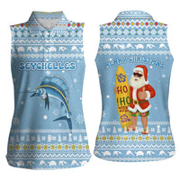 Seychelles Christmas Women Sleeveless Polo Shirt with Ocean Blue Pattern, Marlin Fish Artwork, and Surfing Santa Motif - Wonder Print Shop