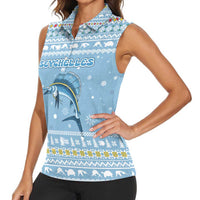 Seychelles Christmas Women Sleeveless Polo Shirt with Ocean Blue Pattern, Marlin Fish Artwork, and Surfing Santa Motif - Wonder Print Shop