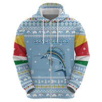 Seychelles Christmas Zip Hoodie with Ocean Blue Pattern, Marlin Fish Artwork, and Surfing Santa Motif - Wonder Print Shop