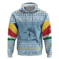 Seychelles Christmas Zip Hoodie with Ocean Blue Pattern, Marlin Fish Artwork, and Surfing Santa Motif - Wonder Print Shop