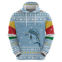 Seychelles Christmas Zip Hoodie with Ocean Blue Pattern, Marlin Fish Artwork, and Surfing Santa Motif - Wonder Print Shop