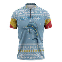 Seychelles Christmas Zipper Polo Shirt with Ocean Blue Pattern, Marlin Fish Artwork, and Surfing Santa Motif - Wonder Print Shop