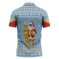 Seychelles Christmas Zipper Polo Shirt with Ocean Blue Pattern, Marlin Fish Artwork, and Surfing Santa Motif - Wonder Print Shop