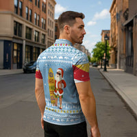 Seychelles Christmas Zipper Polo Shirt with Ocean Blue Pattern, Marlin Fish Artwork, and Surfing Santa Motif - Wonder Print Shop