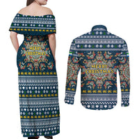 Sierra Leone Christmas Couples Matching Off Shoulder Maxi Dress and Long Sleeve Button Shirt with Ornamental Pattern, National Coat of Arms, and Festive Motif - Wonder Print Shop