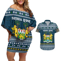 Sierra Leone Christmas Couples Matching Off Shoulder Short Dress and Hawaiian Shirt with Ornamental Pattern, National Coat of Arms, and Festive Motif - Wonder Print Shop