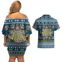Sierra Leone Christmas Couples Matching Off Shoulder Short Dress and Hawaiian Shirt with Ornamental Pattern, National Coat of Arms, and Festive Motif - Wonder Print Shop