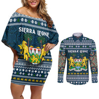 Sierra Leone Christmas Couples Matching Off Shoulder Short Dress and Long Sleeve Button Shirt with Ornamental Pattern, National Coat of Arms, and Festive Motif - Wonder Print Shop