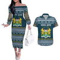 Sierra Leone Christmas Couples Matching Off The Shoulder Long Sleeve Dress and Hawaiian Shirt with Ornamental Pattern, National Coat of Arms, and Festive Motif - Wonder Print Shop