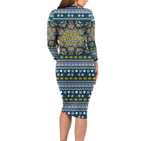 Sierra Leone Christmas Long Sleeve Bodycon Dress with Ornamental Pattern, National Coat of Arms, and Festive Motif - Wonder Print Shop