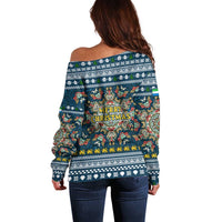 Sierra Leone Christmas Off Shoulder Sweater with Ornamental Pattern, National Coat of Arms, and Festive Motif - Wonder Print Shop