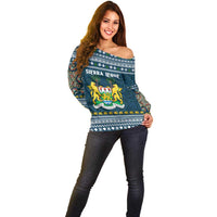 Sierra Leone Christmas Off Shoulder Sweater with Ornamental Pattern, National Coat of Arms, and Festive Motif - Wonder Print Shop