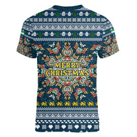 Sierra Leone Christmas Women V-Neck T-Shirt with Ornamental Pattern, National Coat of Arms, and Festive Motif - Wonder Print Shop