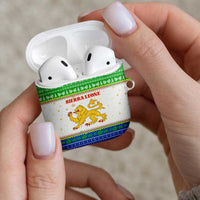 Sierra Leone Christmas AirPods Case with Festive Green Pattern, Golden Lion Emblem, and Santa Sleigh Motif - Wonder Print Shop