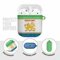 Sierra Leone Christmas AirPods Case with Festive Green Pattern, Golden Lion Emblem, and Santa Sleigh Motif - Wonder Print Shop