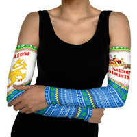 Sierra Leone Christmas Arm Sleeves with Festive Green Pattern, Golden Lion Emblem, and Santa Sleigh Motif - Wonder Print Shop