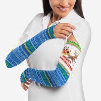 Sierra Leone Christmas Arm Sleeves with Festive Green Pattern, Golden Lion Emblem, and Santa Sleigh Motif - Wonder Print Shop
