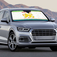 Sierra Leone Christmas Auto Sun Shade with Festive Green Pattern, Golden Lion Emblem, and Santa Sleigh Motif - Wonder Print Shop