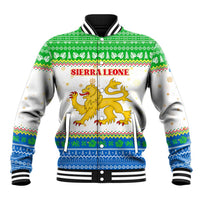 Sierra Leone Christmas Baseball Jacket with Festive Green Pattern, Golden Lion Emblem, and Santa Sleigh Motif - Wonder Print Shop