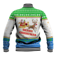 Sierra Leone Christmas Baseball Jacket with Festive Green Pattern, Golden Lion Emblem, and Santa Sleigh Motif - Wonder Print Shop