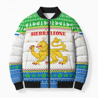 Sierra Leone Christmas Bomber Puffer Jacket with Festive Green Pattern, Golden Lion Emblem, and Santa Sleigh Motif - Wonder Print Shop