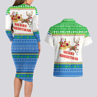 Sierra Leone Christmas Couples Matching Long Sleeve Bodycon Dress and Hawaiian Shirt with Festive Green Pattern, Golden Lion Emblem, and Santa Sleigh Motif - Wonder Print Shop