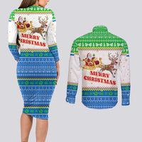 Sierra Leone Christmas Couples Matching Long Sleeve Bodycon Dress and Long Sleeve Button Shirt with Festive Green Pattern, Golden Lion Emblem, and Santa Sleigh Motif - Wonder Print Shop