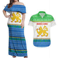Sierra Leone Christmas Couples Matching Off Shoulder Maxi Dress and Hawaiian Shirt with Festive Green Pattern, Golden Lion Emblem, and Santa Sleigh Motif - Wonder Print Shop