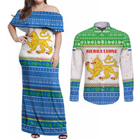 Sierra Leone Christmas Couples Matching Off Shoulder Maxi Dress and Long Sleeve Button Shirt with Festive Green Pattern, Golden Lion Emblem, and Santa Sleigh Motif - Wonder Print Shop