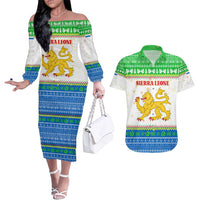 Sierra Leone Christmas Couples Matching Off The Shoulder Long Sleeve Dress and Hawaiian Shirt with Festive Green Pattern, Golden Lion Emblem, and Santa Sleigh Motif - Wonder Print Shop