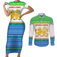 Sierra Leone Christmas Couples Matching Short Sleeve Bodycon Dress and Long Sleeve Button Shirt with Festive Green Pattern, Golden Lion Emblem, and Santa Sleigh Motif - Wonder Print Shop