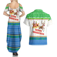 Sierra Leone Christmas Couples Matching Summer Maxi Dress and Hawaiian Shirt with Festive Green Pattern, Golden Lion Emblem, and Santa Sleigh Motif - Wonder Print Shop