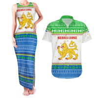 Sierra Leone Christmas Couples Matching Tank Maxi Dress and Hawaiian Shirt with Festive Green Pattern, Golden Lion Emblem, and Santa Sleigh Motif - Wonder Print Shop