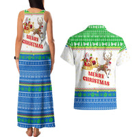 Sierra Leone Christmas Couples Matching Tank Maxi Dress and Hawaiian Shirt with Festive Green Pattern, Golden Lion Emblem, and Santa Sleigh Motif - Wonder Print Shop