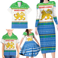 Sierra Leone Christmas Family Matching Long Sleeve Bodycon Dress and Hawaiian Shirt with Festive Green Pattern, Golden Lion Emblem, and Santa Sleigh Motif - Wonder Print Shop