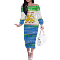 Sierra Leone Christmas Family Matching Off The Shoulder Long Sleeve Dress and Hawaiian Shirt with Festive Green Pattern, Golden Lion Emblem, and Santa Sleigh Motif - Wonder Print Shop