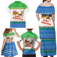 Sierra Leone Christmas Family Matching Off Shoulder Maxi Dress and Hawaiian Shirt with Festive Green Pattern, Golden Lion Emblem, and Santa Sleigh Motif - Wonder Print Shop