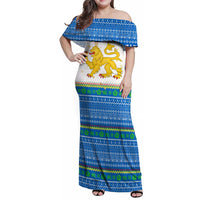 Sierra Leone Christmas Family Matching Off Shoulder Maxi Dress and Hawaiian Shirt with Festive Green Pattern, Golden Lion Emblem, and Santa Sleigh Motif - Wonder Print Shop