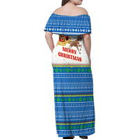 Sierra Leone Christmas Family Matching Off Shoulder Maxi Dress and Hawaiian Shirt with Festive Green Pattern, Golden Lion Emblem, and Santa Sleigh Motif - Wonder Print Shop