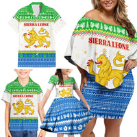 Sierra Leone Christmas Family Matching Off Shoulder Short Dress and Hawaiian Shirt with Festive Green Pattern, Golden Lion Emblem, and Santa Sleigh Motif - Wonder Print Shop