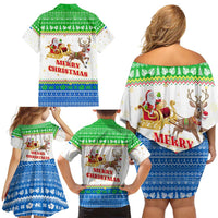 Sierra Leone Christmas Family Matching Off Shoulder Short Dress and Hawaiian Shirt with Festive Green Pattern, Golden Lion Emblem, and Santa Sleigh Motif - Wonder Print Shop