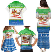 Sierra Leone Christmas Family Matching Puletasi and Hawaiian Shirt with Festive Green Pattern, Golden Lion Emblem, and Santa Sleigh Motif - Wonder Print Shop