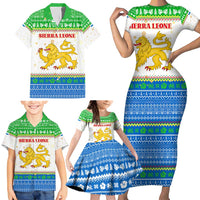 Sierra Leone Christmas Family Matching Short Sleeve Bodycon Dress and Hawaiian Shirt with Festive Green Pattern, Golden Lion Emblem, and Santa Sleigh Motif - Wonder Print Shop