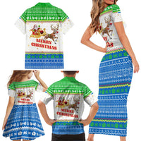 Sierra Leone Christmas Family Matching Short Sleeve Bodycon Dress and Hawaiian Shirt with Festive Green Pattern, Golden Lion Emblem, and Santa Sleigh Motif - Wonder Print Shop