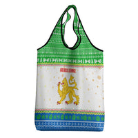 Sierra Leone Christmas Grocery Bag with Festive Green Pattern, Golden Lion Emblem, and Santa Sleigh Motif - Wonder Print Shop