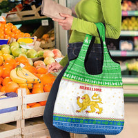 Sierra Leone Christmas Grocery Bag with Festive Green Pattern, Golden Lion Emblem, and Santa Sleigh Motif - Wonder Print Shop