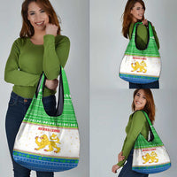 Sierra Leone Christmas Grocery Bag with Festive Green Pattern, Golden Lion Emblem, and Santa Sleigh Motif - Wonder Print Shop