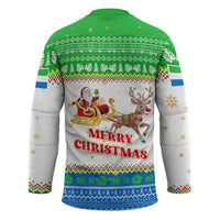 Sierra Leone Christmas Hockey Jersey with Festive Green Pattern, Golden Lion Emblem, and Santa Sleigh Motif - Wonder Print Shop