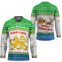 Sierra Leone Christmas Hockey Jersey with Festive Green Pattern, Golden Lion Emblem, and Santa Sleigh Motif - Wonder Print Shop
