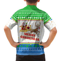 Sierra Leone Christmas Kid Hawaiian Shirt with Festive Green Pattern, Golden Lion Emblem, and Santa Sleigh Motif - Wonder Print Shop